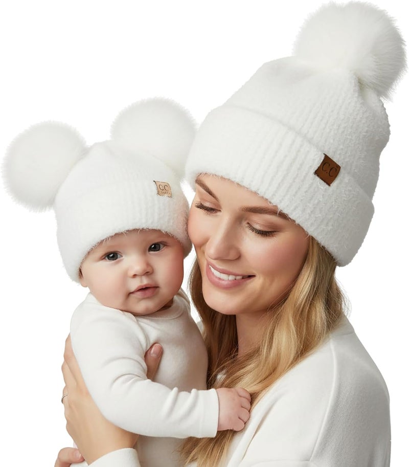Funky Junque Mommy & Me Double Pom Beanies – Mama & Mini Matching Winter Outfits, Mom & Infant Baby Girl Beanie Hat Set - Image 1